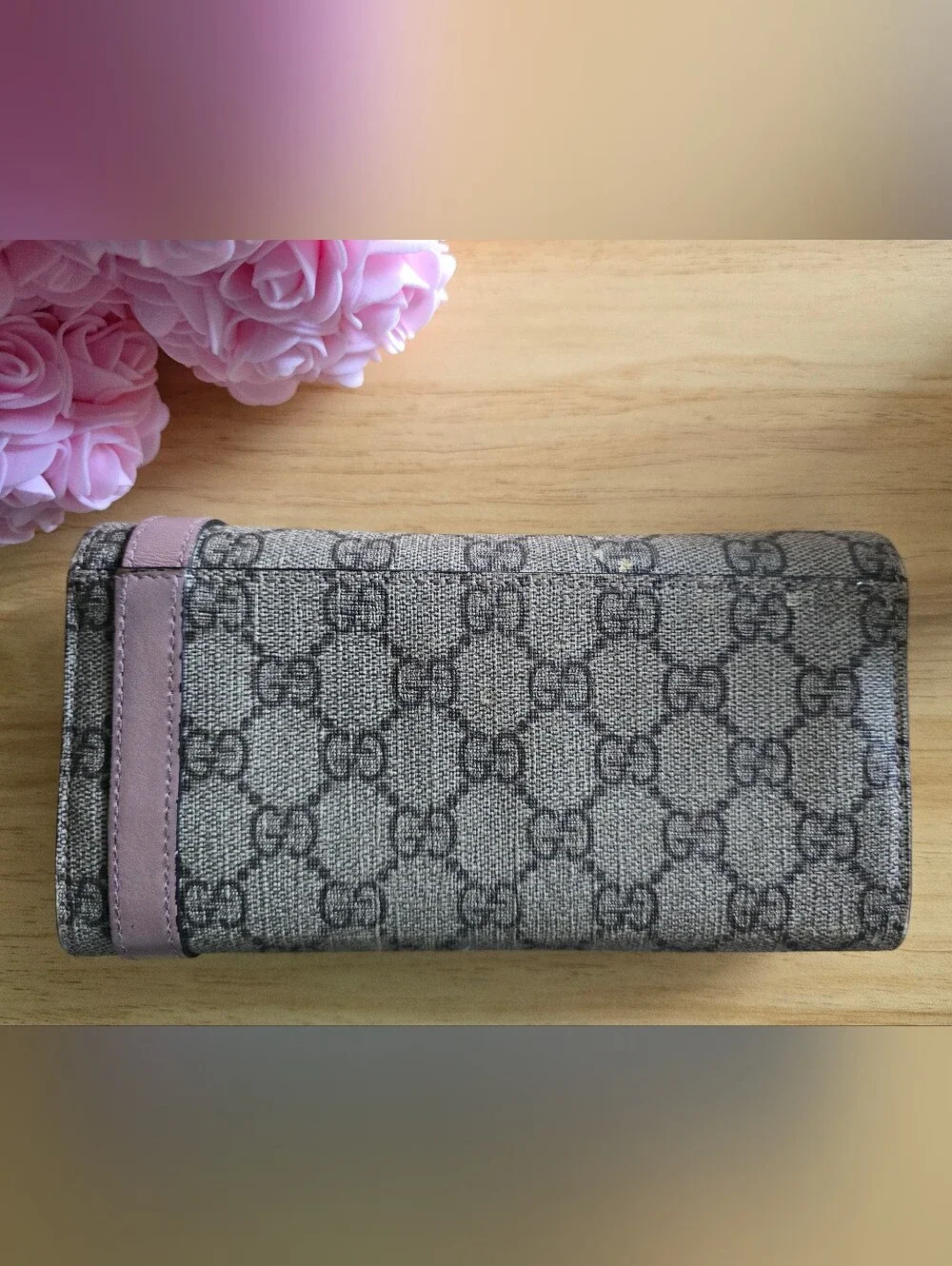 Gucci Beige Pink GG Canvas Gold Horsebit Wallet